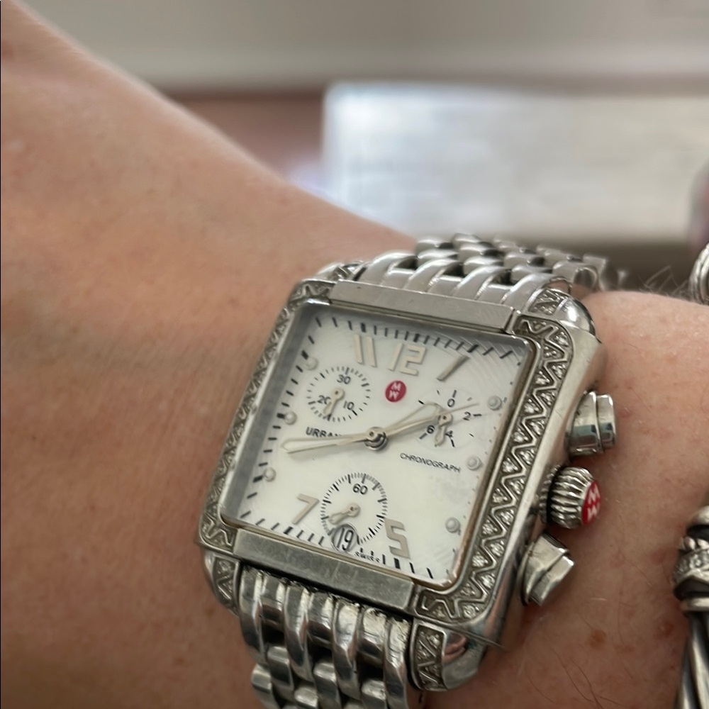 Michele Silver Chronograph Watch with Red Accents